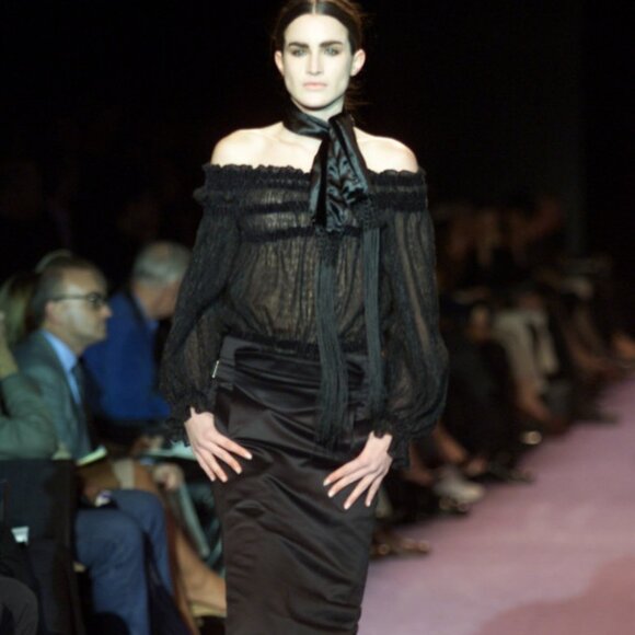 Yves Saint Laurent by Tom Ford Fall 2001 Runway Logo Black Velvet Silk Scarf - Picture 2 of 10